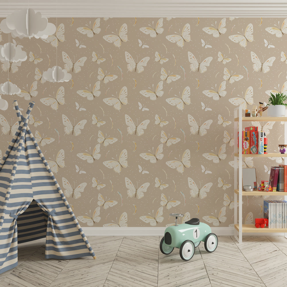 Nature-themed butterfly mural wallpaper transforming kids playroom into magical space