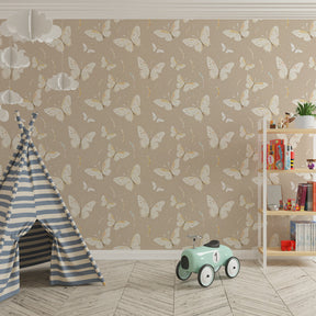 Nature-themed butterfly mural wallpaper transforming kids playroom into magical space