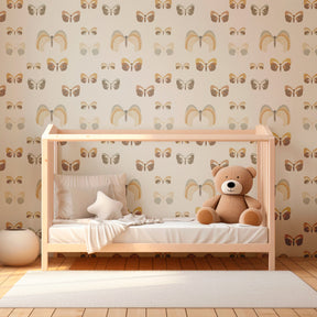 Nature-inspired butterfly wallpaper in children's playroom with wooden furniture and soft textiles