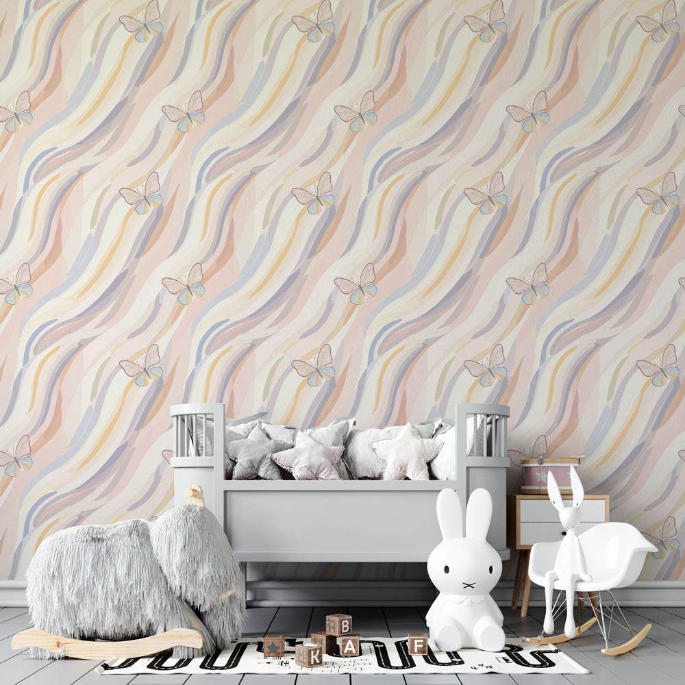Beautiful butterfly mural wallpaper with soft pastel waves in modern kids room