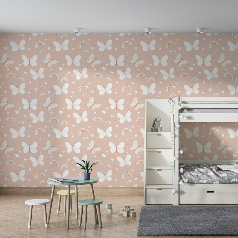 Enchanting butterfly mural wallpaper with rainbows transforming kids room into fairytale space