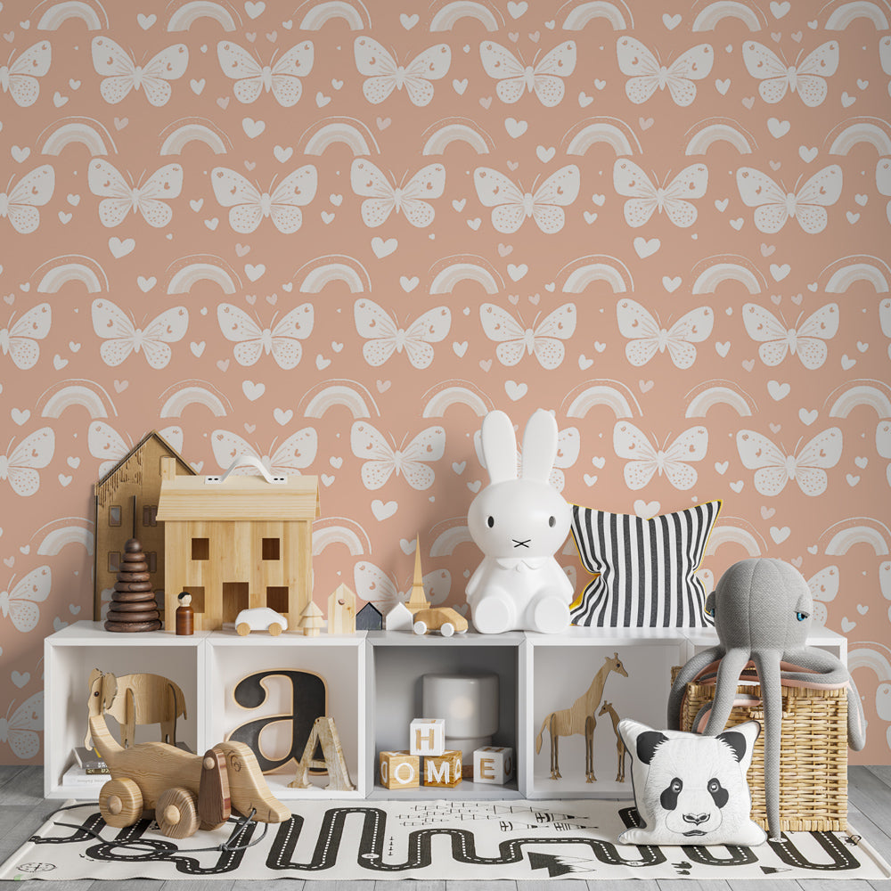 Whimsical butterfly wallpaper with rainbows decorating cozy toddler bedroom by Kids-Mundo
