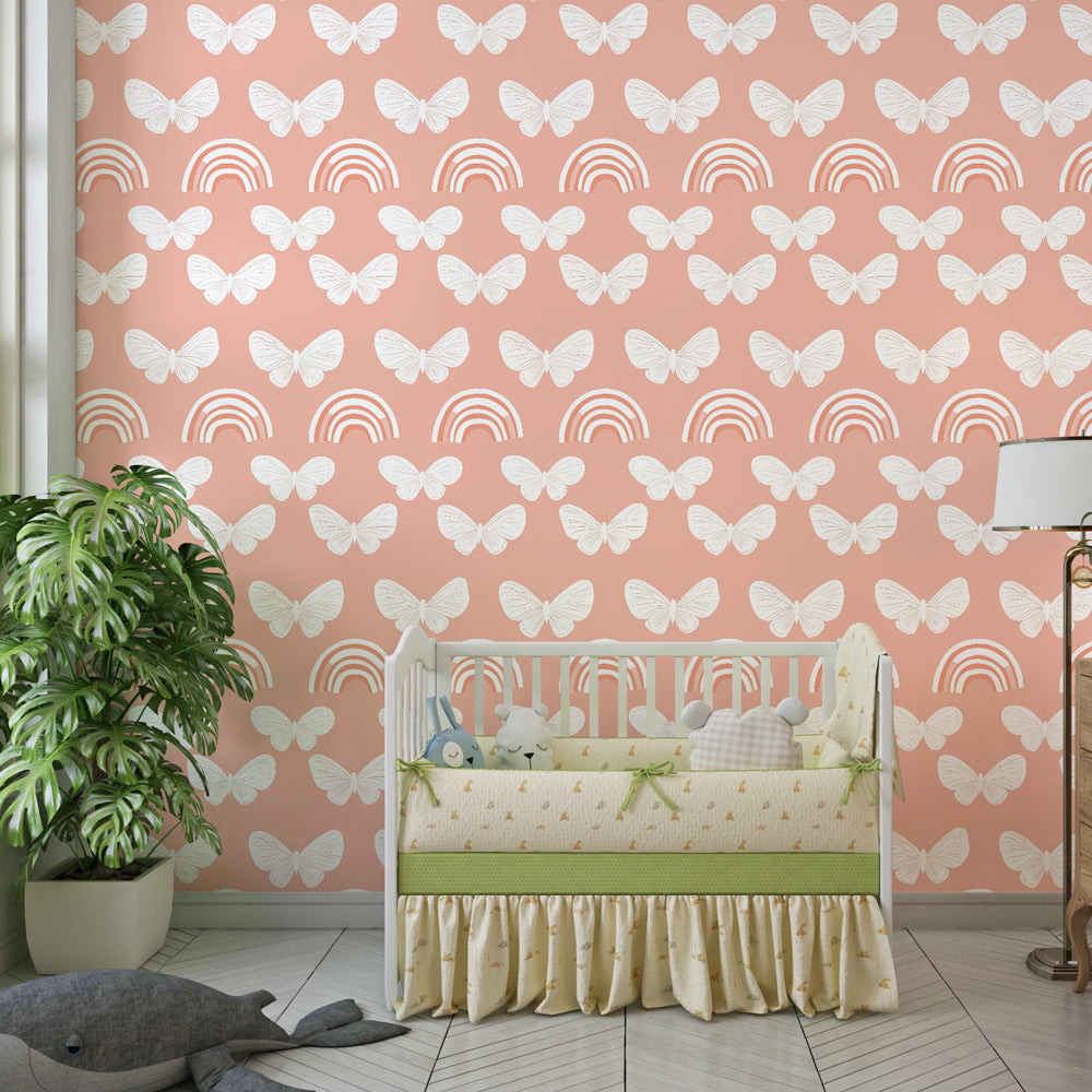Rainbow butterfly wallpaper transforming toddler room into dreamy space by Kids-Mundo