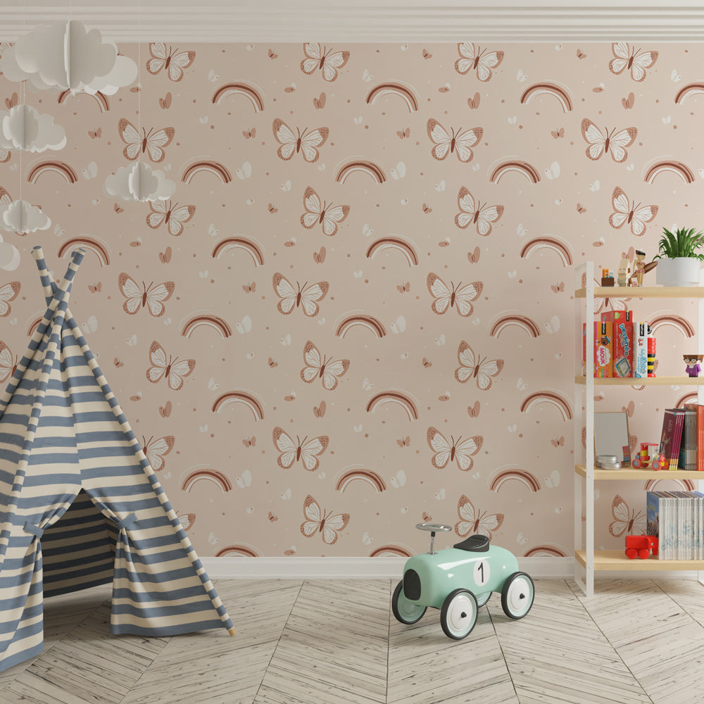 Pastel butterfly wallpaper creating magical kids bedroom atmosphere with natural decor