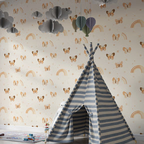 Garden butterfly wallpaper creating magical children's bedroom decor with wooden furniture