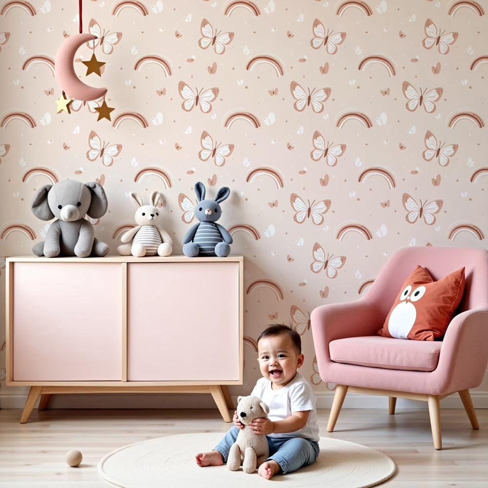 Butterfly rainbow mural wallpaper in pastel nursery with white crib by Kids-Mundo