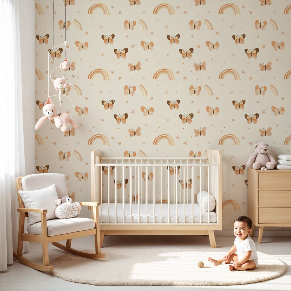 Butterfly rainbow mural wallpaper in bright nursery room with natural lighting by Kids-Mundo