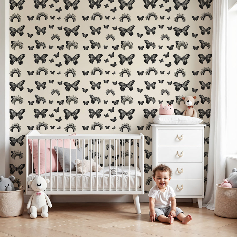Butterfly rainbow mural wallpaper in elegant nursery with beige tones by Kids-Mundo