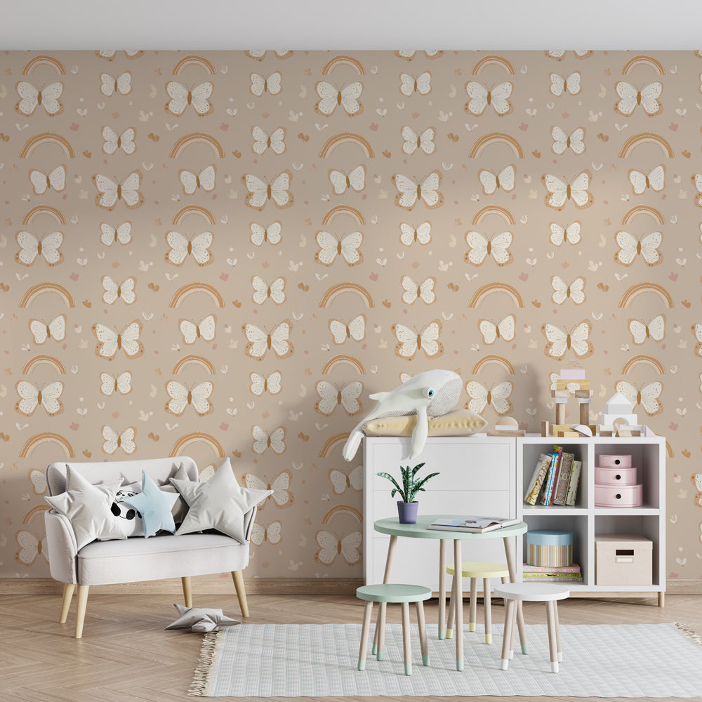 Butterfly rainbow mural wallpaper transforming kids playroom into magical garden space