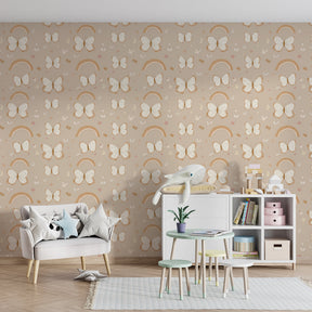 Butterfly rainbow mural wallpaper transforming kids playroom into magical garden space
