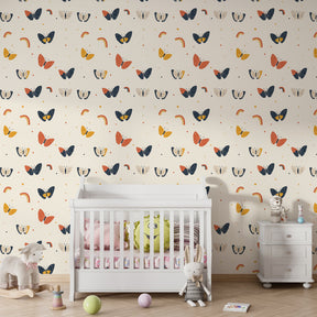 Whimsical butterfly rainbow wallpaper transforming children's playroom with cream background