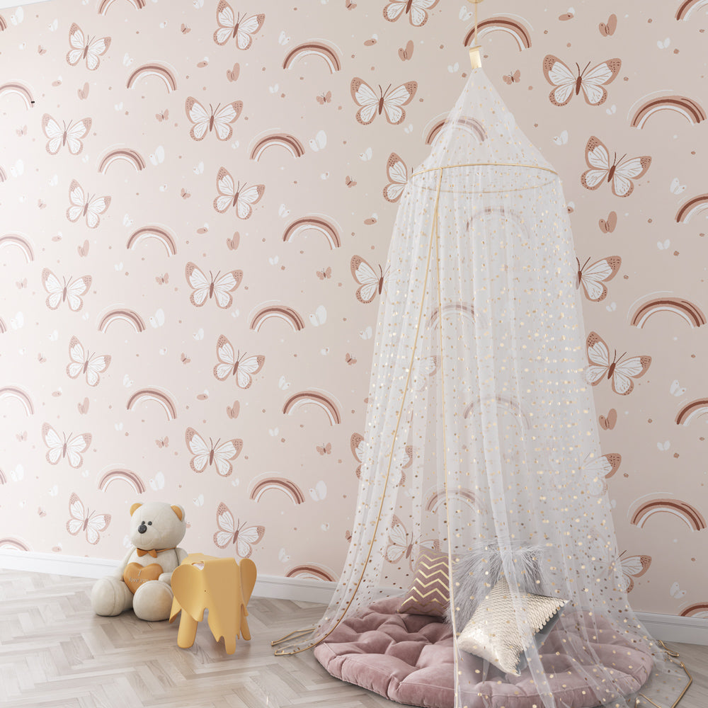 Rainbow butterfly mural wallpaper brightening children's playroom with soft pastel colors