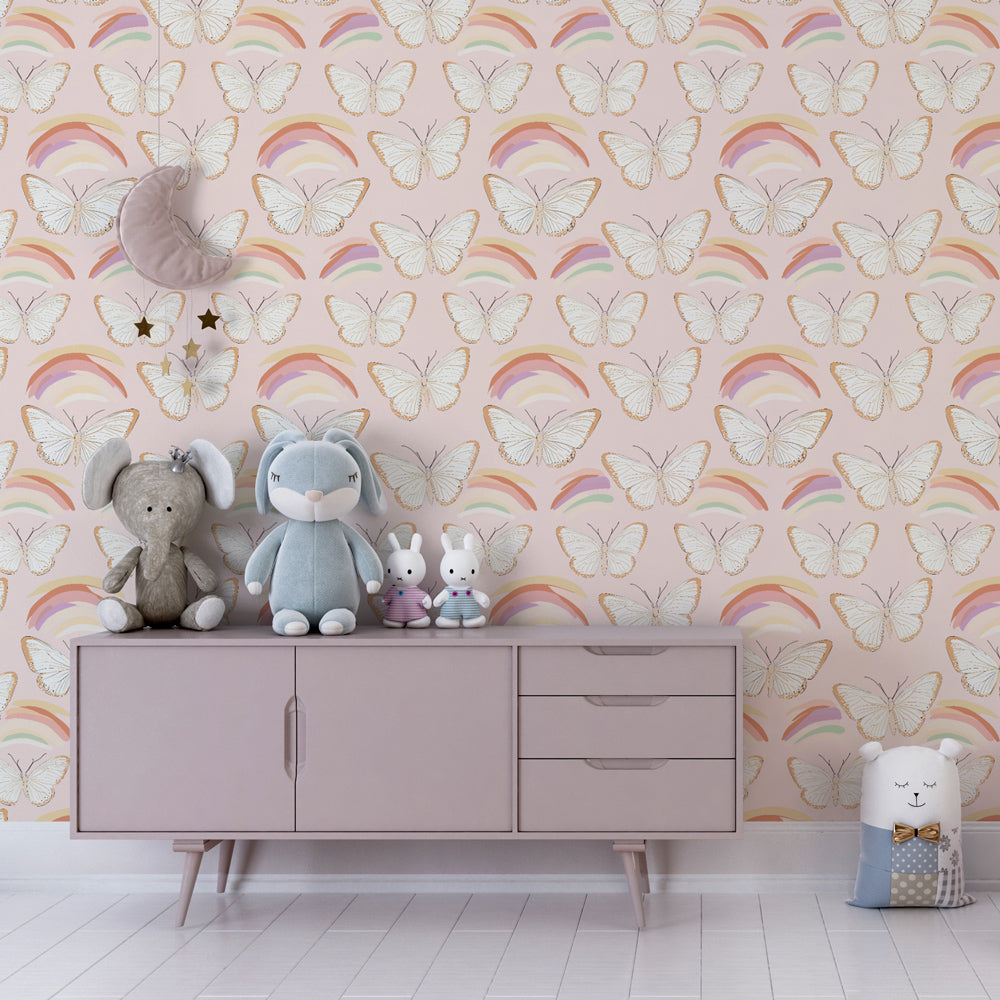 Whimsical butterfly rainbow wallpaper transforming kids playroom with pastel colors