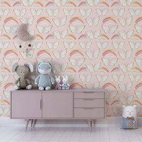 Whimsical butterfly rainbow wallpaper transforming kids playroom with pastel colors