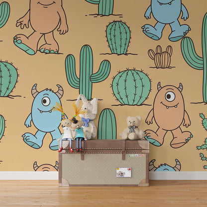 Kids bedroom wall styled with a Kids-Mundo cactus desert monster mural in purple, blue and orange tones.