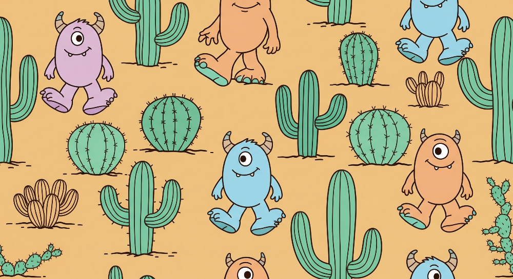One-Eyed Monsters in a Colourful Cactus Desert Wall Mural