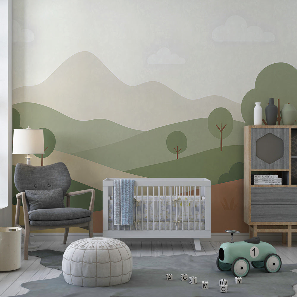 Minimalist landscape wall mural by Kids-Mundo covering a feature wall in a kids bedroom.