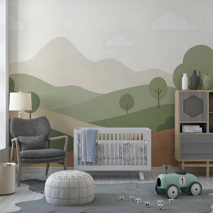 Minimalist landscape wall mural by Kids-Mundo covering a feature wall in a kids bedroom.