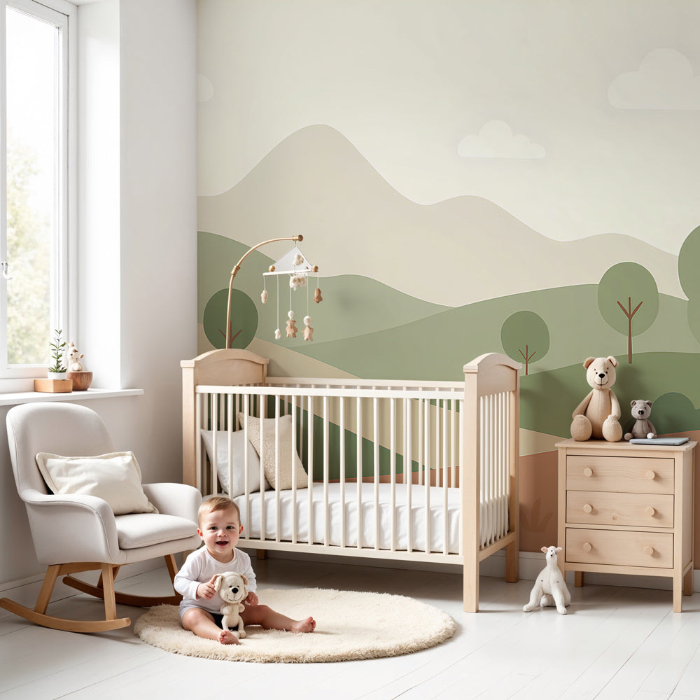 Kids-Mundo minimalist mountain wall mural styled softly in a calm, neutral baby nursery.