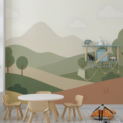 Kids-Mundo calming mountain wall mural bringing a peaceful feel to a children's playroom.