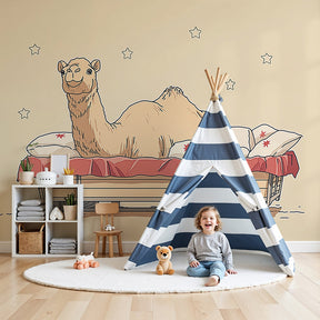 Camel dreams mural wallpaper in cozy nursery setting with wooden furniture by Kids-Mundo