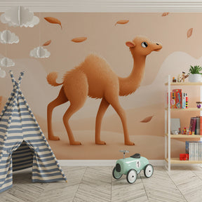 Gentle camel mural wallpaper with floating leaves in cozy kids playroom setting