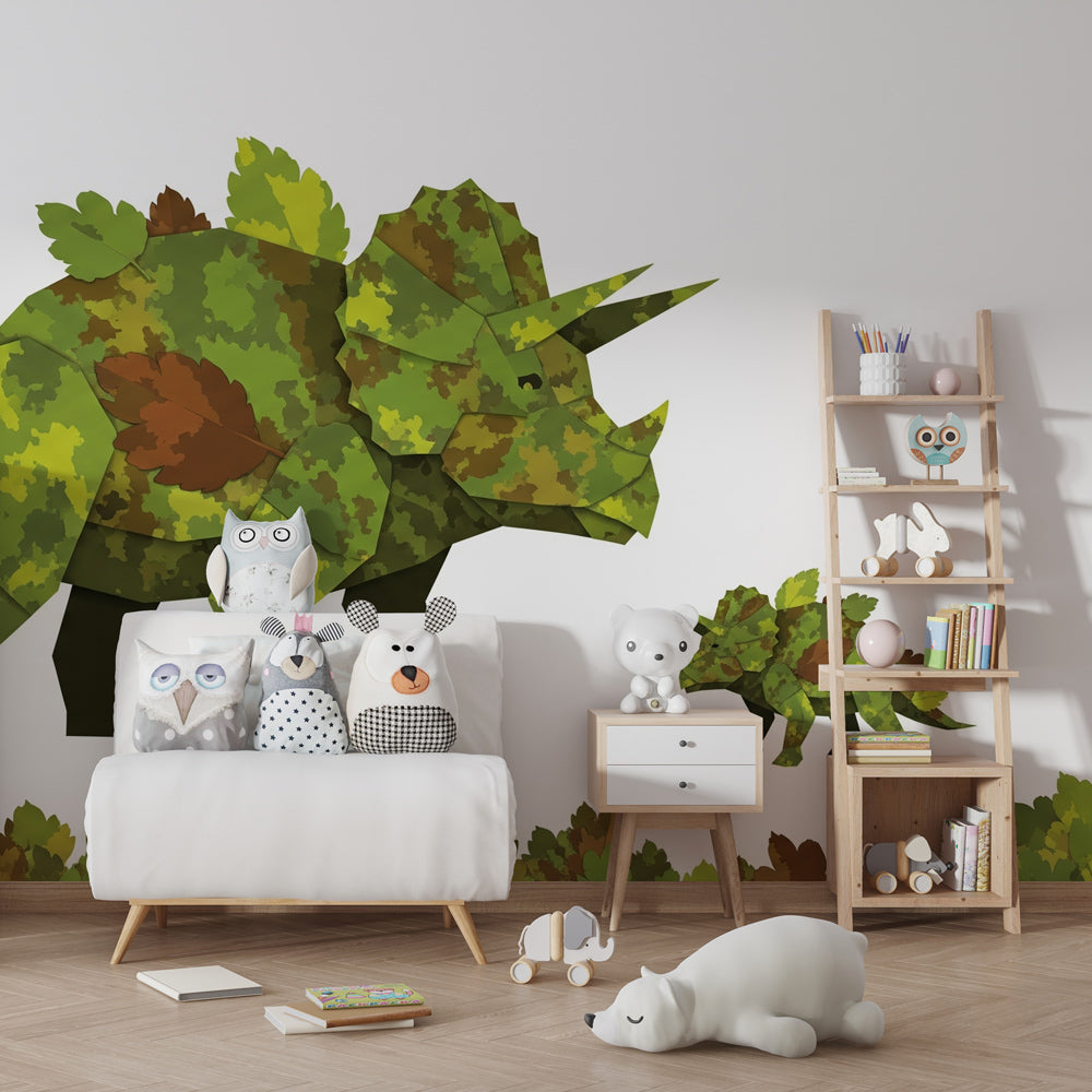 Educational dinosaur mural wallpaper for children's playroom featuring triceratops in natural habitat