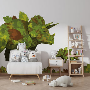 Educational dinosaur mural wallpaper for children's playroom featuring triceratops in natural habitat