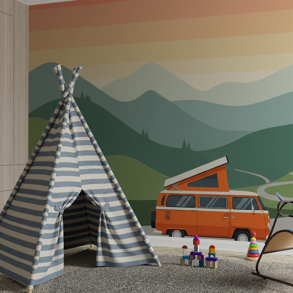 Kids-Mundo camper van wall mural covering a feature wall in an adventure kids bedroom