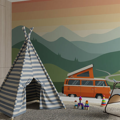 Kids-Mundo camper van wall mural covering a feature wall in an adventure kids bedroom