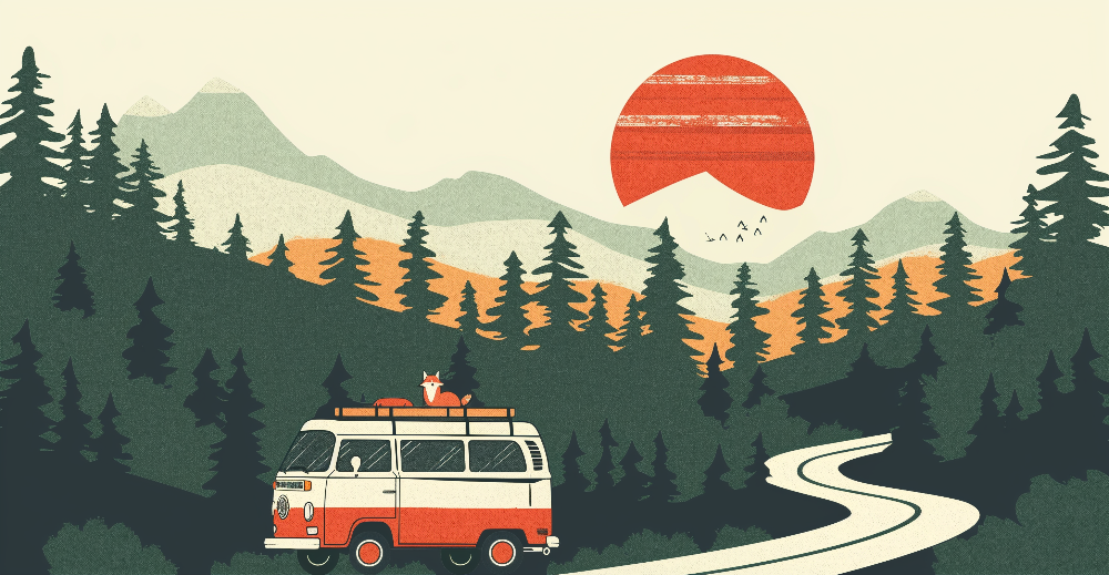 Retro Camper Van Forest Sunset Wall Mural