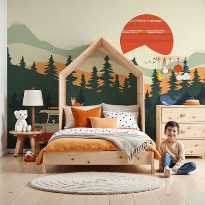 Kids-Mundo retro camper van forest wall mural installed in a sunny nursery with cot and soft toys