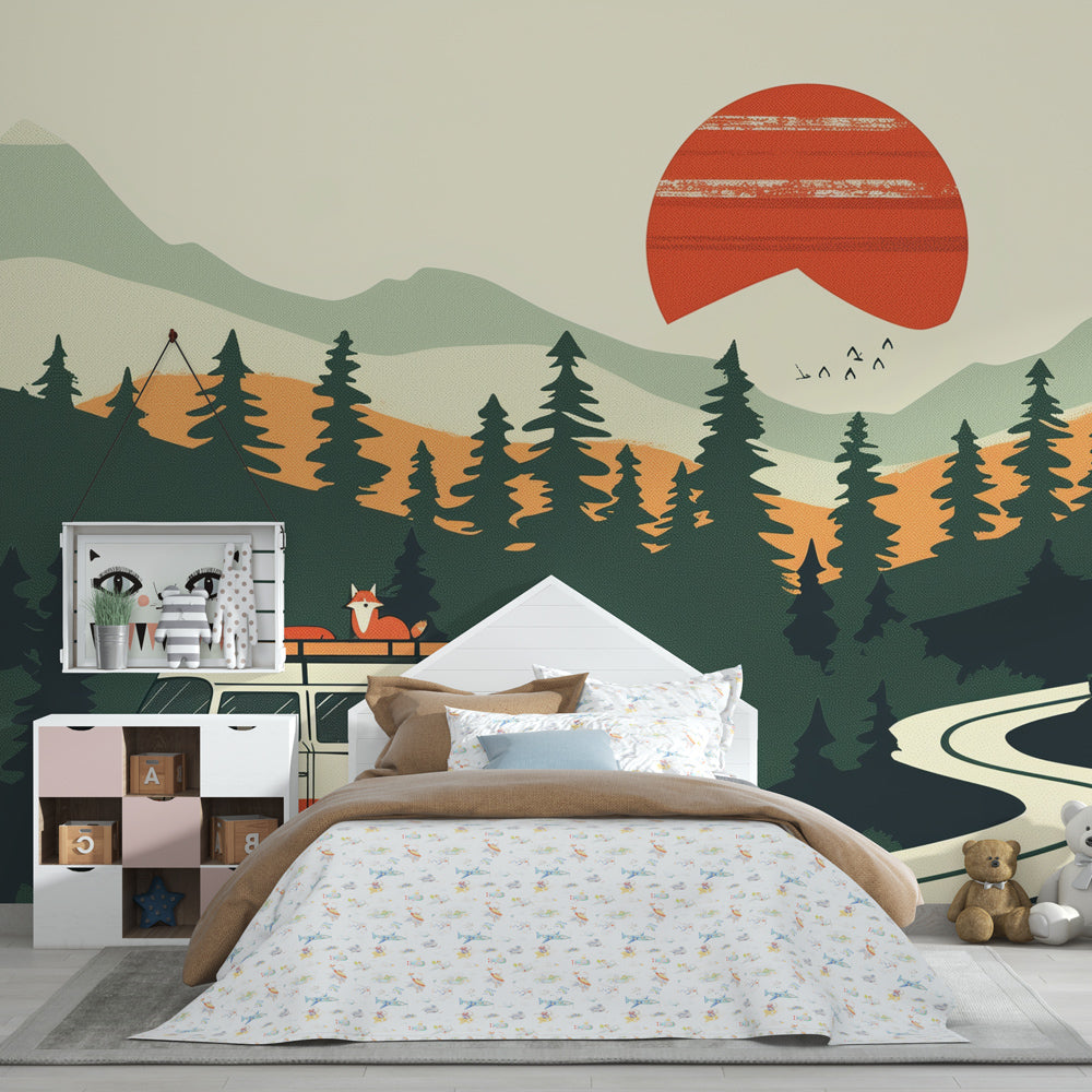 Kids-Mundo forest camper van wall mural brightening a playroom wall with toys and a reading corner