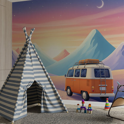 Kids-Mundo campervan mountain night wall mural behind a bed in a kids bedroom