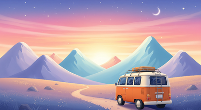 Flat artwork of the Kids-Mundo campervan wall mural beneath snow-capped starry mountains
