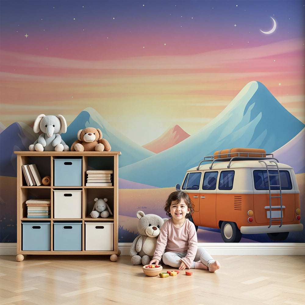 Kids-Mundo retro campervan starry mountain wall mural styled in a calm night-sky nursery