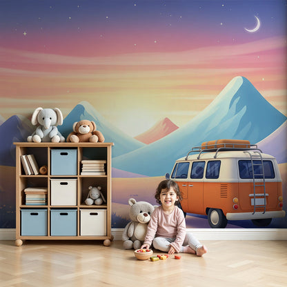 Kids-Mundo retro campervan starry mountain wall mural styled in a calm night-sky nursery