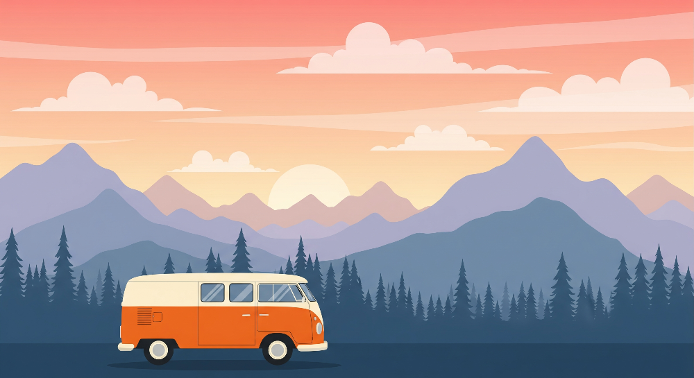 Flat artwork of the Kids-Mundo campervan wall mural beside a pine forest at sunset