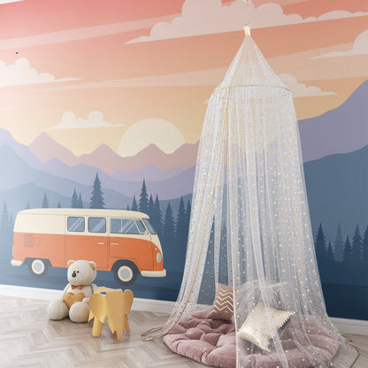 Kids-Mundo campervan sunset wall mural bringing road-trip charm to a bright playroom