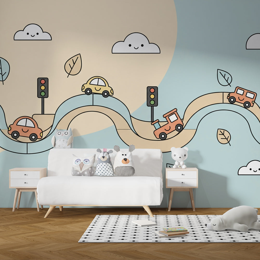 Colorful car mural wallpaper with traffic lights and clouds for kids playroom by Kids-Mundo