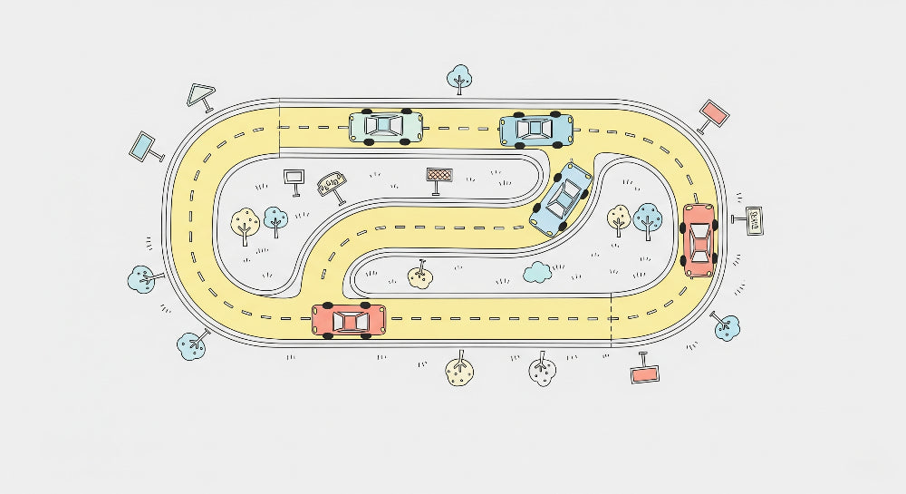 Detailed car circuit mural wallpaper design pattern with animated vehicles by Kids-Mundo