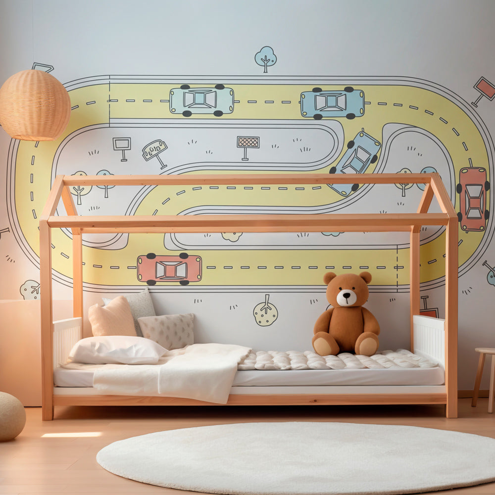 Animated car circuit wallpaper creating playful nursery atmosphere with racing theme