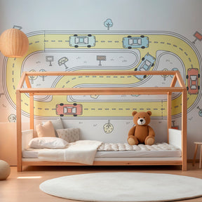 Animated car circuit wallpaper creating playful nursery atmosphere with racing theme