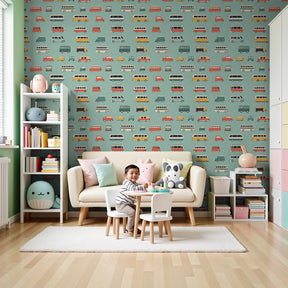 Colorful car mural wallpaper in modern nursery with wooden furniture by Kids-Mundo