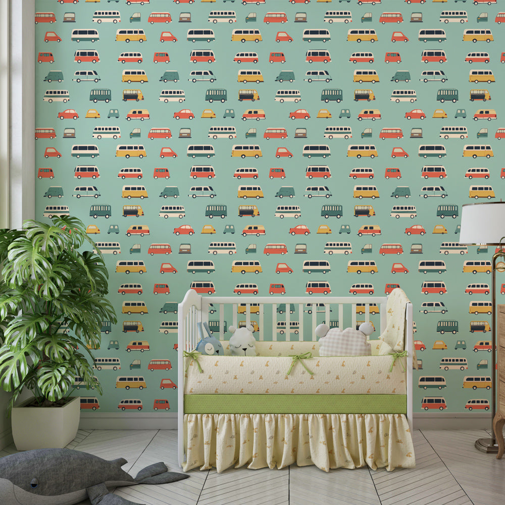 Vehicle mural wallpaper transforming kids playroom with pastel car designs by Kids-Mundo