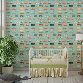 Vehicle mural wallpaper transforming kids playroom with pastel car designs by Kids-Mundo