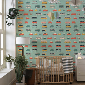 Car themed mural wallpaper creating playful atmosphere in toddler bedroom decor