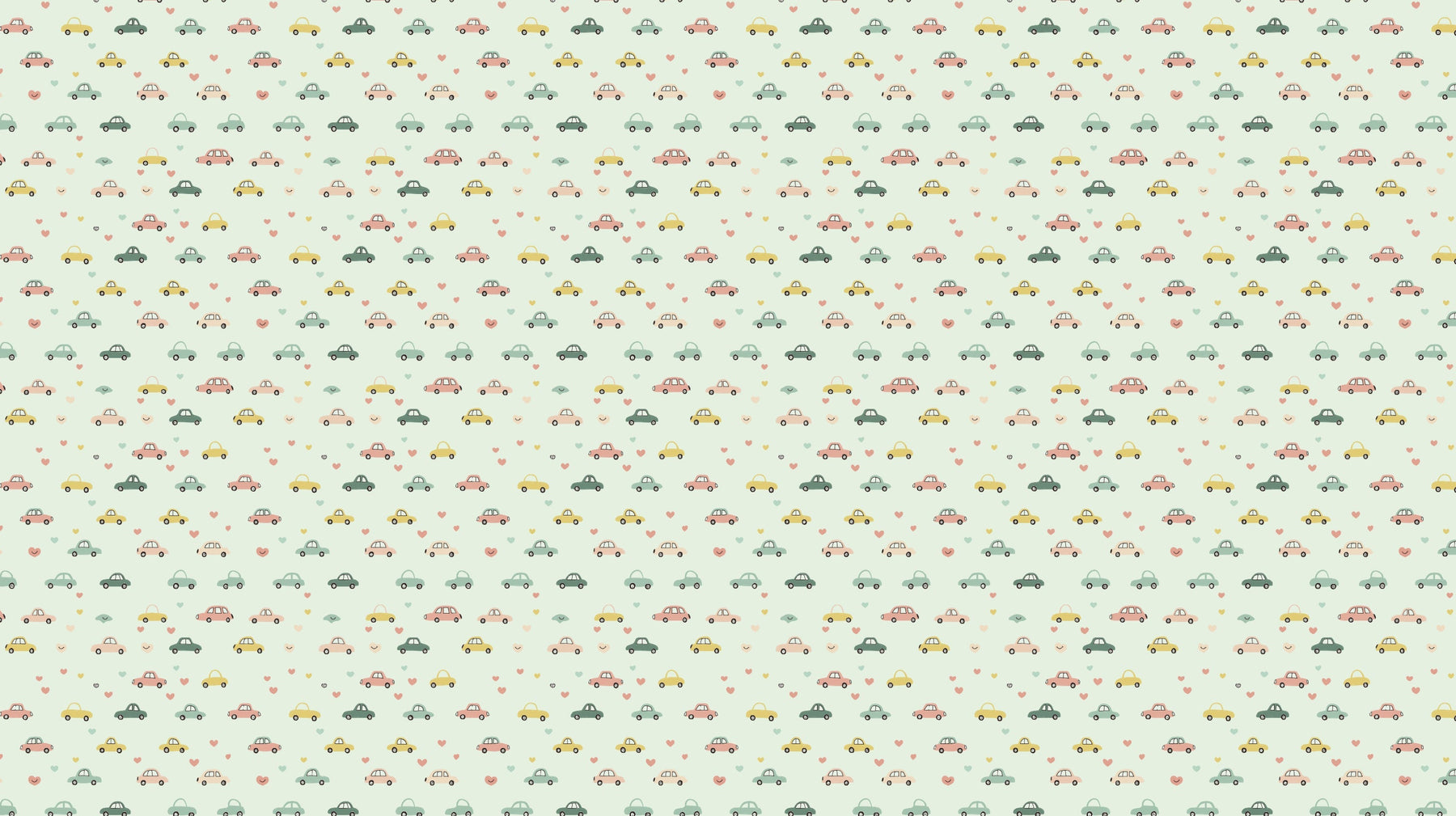 Detailed car pattern mural wallpaper design with pastel vehicles and hearts by Kids-Mundo