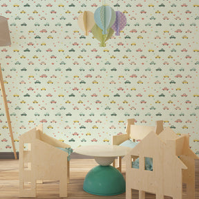 Car theme mural wallpaper with hearts transforming children's playroom space
