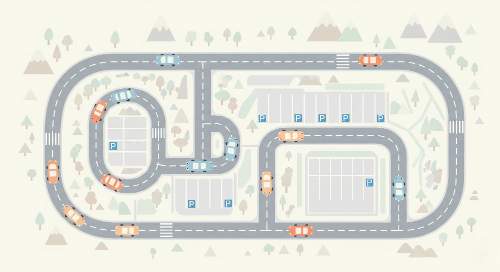 Detailed car road mural wallpaper design pattern showing winding route and colorful vehicles by Kids-Mundo